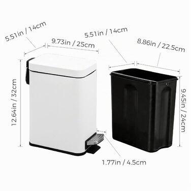 Сміттєвий кошик для ванної кімнати з педаллю та Soft-Close кришкою, 5 л, з виймаю одним внутрішнім відром, компактний смітник для кухні та спальні, чорний/білий