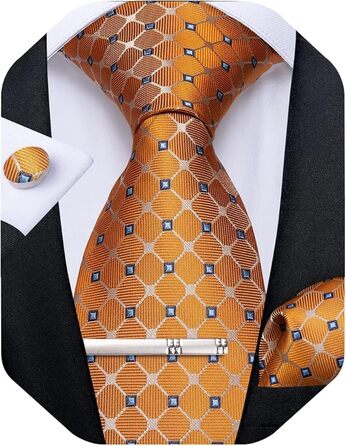 Набір краваток чоловічий DiBanGu з шовковими смугами та клітинкою, з кишеньковим хустинкою, затискачем та краватковою кліпсою для весілля та офіційних заходів (яскраво-помаранчевий)