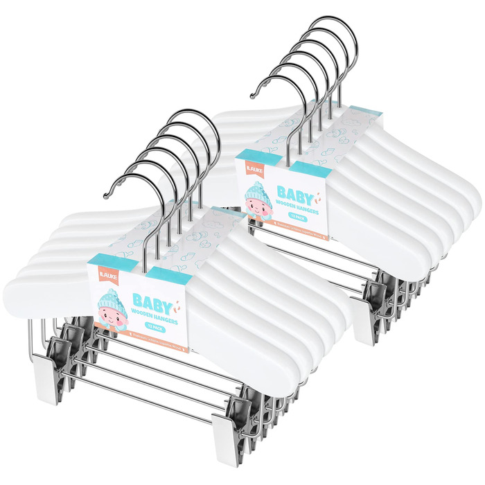 Дерев'яні вішалки для одягу з затискачами для малюків, 12 шт., класичні та міцні, білі, 25 см, для дітей 25 x 20.5 см