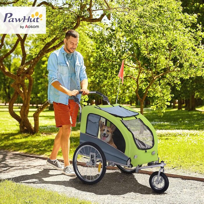 PawHut 2-в-1 Причіп для собак, велосипедний причіп для собак, візок для собак з відбивачами, прапорцем, причіп для собак PawHut, Oxford-тканина (Зелений)