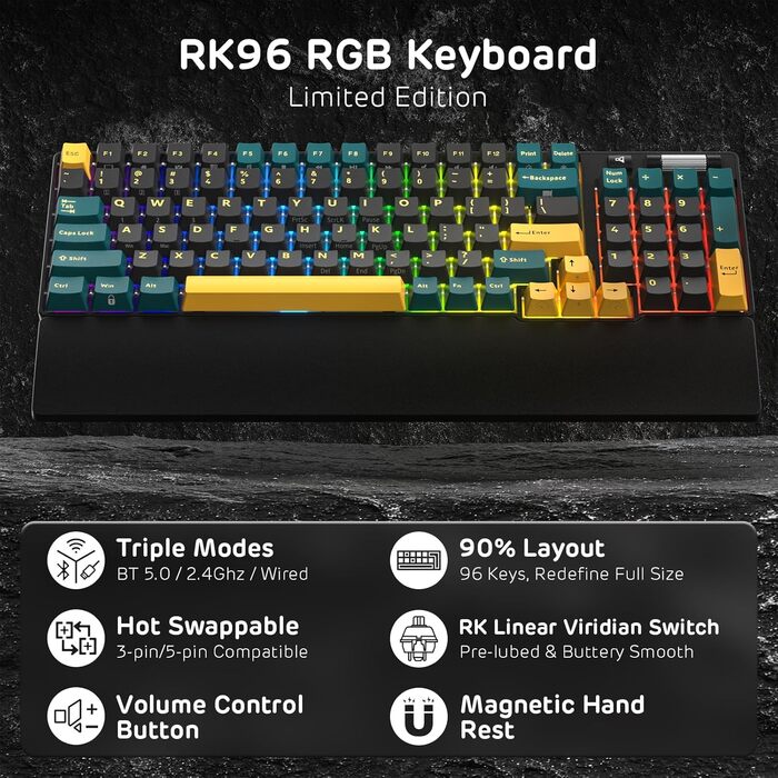 Механічна клавіатура Royal Kludge RK96 RGB Limited Edition з підсвічуванням, 96 клавіш, бездротовий зв'язок (BT5.0/2.4G/USB-C), Hot-Swap, підтримка програмного забезпечення, лінійні перемикачі, QWERTY, підставка для зап'ястя, колір: хромовий зелений