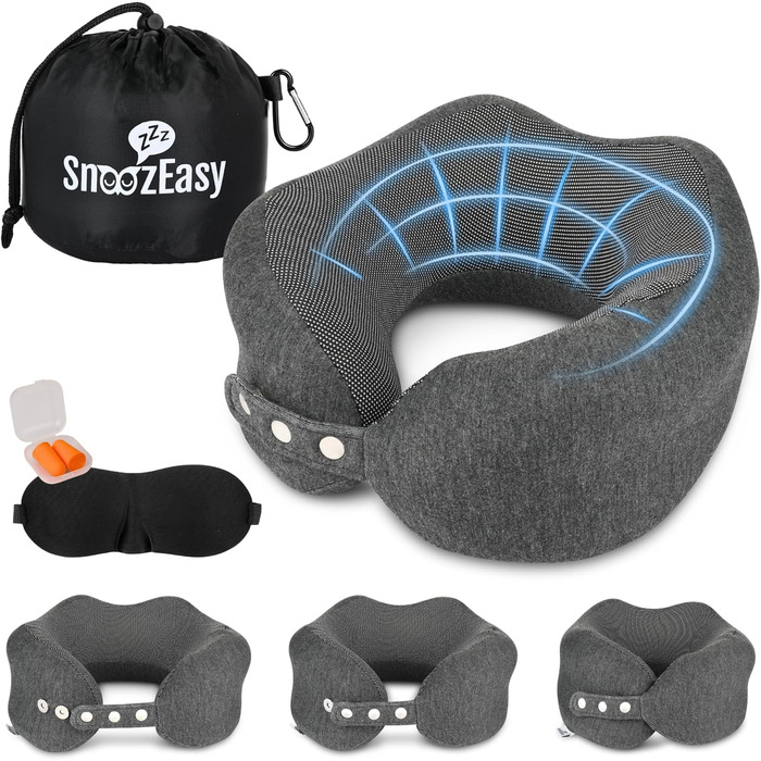 Подушка для шиї SnoozEasy™ для дорослих | Подушка для подорожей на літаку з memory foam | Регульована подушка з маскою для очей, навушниками, сумкою та карабіном | Бренд UK