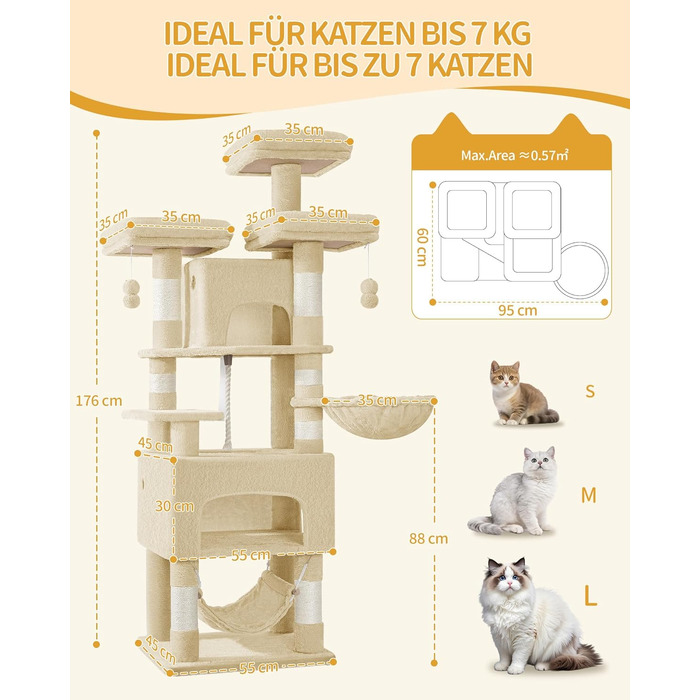 Кігтеточка для котів Hzuaneri 176 см, XL, 3 платформи, 2 печери, 7 стовпчиків, гамак, плюшеві кульки, для багатокотових домівок, MS17618SG (Бежевий)