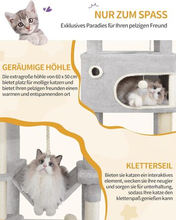 Когтеточка для котів Hzuaneri XXL (203 см) з великою платформою, 2 печери, 7 стовпчиків, помпонами, лежаками та гамаком. Підходить для всіх порід котів. MS20318YL (Світло-сірий)