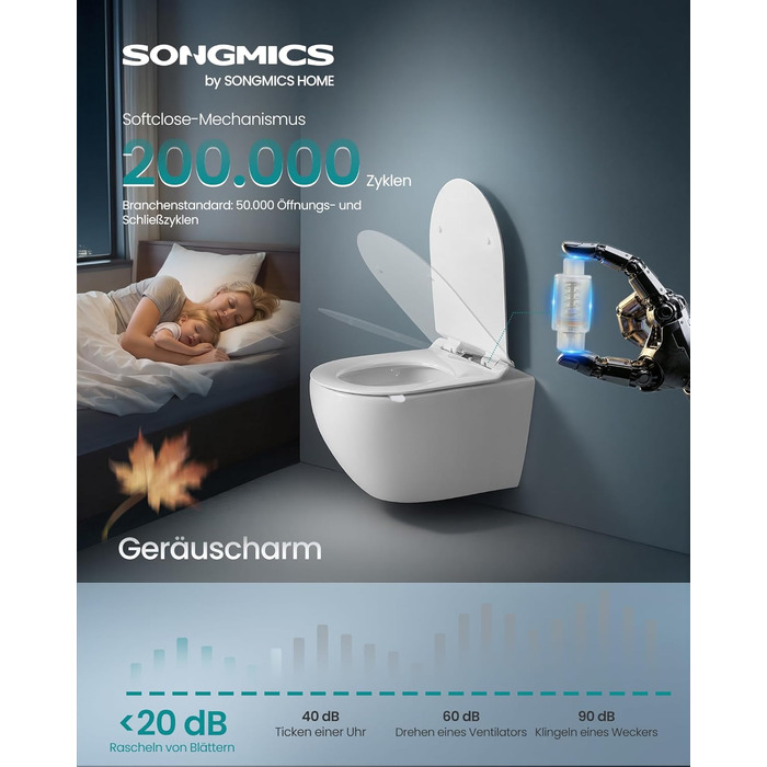 Сідіння для унітаза SONGMICS з мікроліфтом (системою плавного закриття), ручкою та швидким монтажем, матеріал Urea-Duroplast, біле, D-подібне (подовжене), витримує до 300 кг, BTL101WZ01