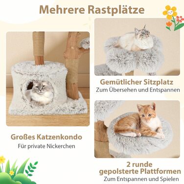 Дерев'яний кігтеточка SOARS для котів з 3 природними стовбурами, ліжком та плюшевими поверхнями, кігтеточка з іграшковим м'ячиком та джутовим мотузком, багатоповерхова, 49 x 59 x 110 см, білий