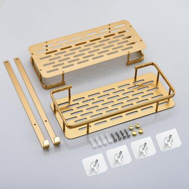No-Drill Shower Shelf, Square Shower Rack Bathroom Shelf for Shampoo and Shower Gel Holder Bathroom Wall Shelf Organizer With 2 Hooks (2 Tier, Champagne Gold)