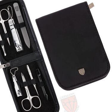 Набір для догляду за нігтями Drei Schwertter 'Novara' - 8 предметів: ножиці, пилка, щипці, пінцет, кусачки та інше. З чорної шкірозамінника.