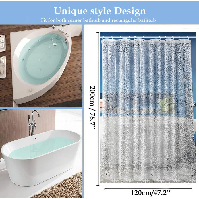 Шторка для душу LEMON CLOUD з антигрибковим покриттям та магнітною нижньою вантажівкою, 183x200 см, водонепроникна, антибактеріальна, PEVA, для душу та ванни, 12 білих кільця, 3D-візерунок (камінь), розмір 120x200 см (упаковка 1 шт.)