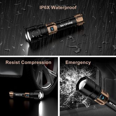 Ліхтар налобний LED Skyfire 900000 Люмен з лінзою для розпалювання вогню, USB-зарядка, 4 режими яскравості, Zoom, для кемпінгу, надзвичайних ситуацій та походів (чорне золото)