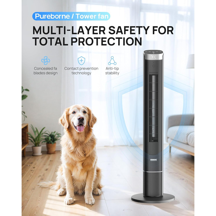 Вентилятор Pureborne Leiser: Турбо-вентилятор з осциляцією 90°, Wi-Fi, пульт, 4 режими, таймер 12 год, чорний, 102 см