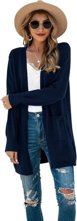 Кардиган жіночий Saodiallsu з довгим рукавом, однотонний, з кишенею (темно-синій, L)