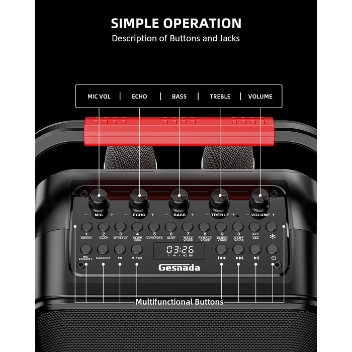Караоке Машина з 2 мікрофонами, Bluetooth, PA Система з FM, USB, TF, AUX, Ехо, Регулювання Bass/Treble, Чорний