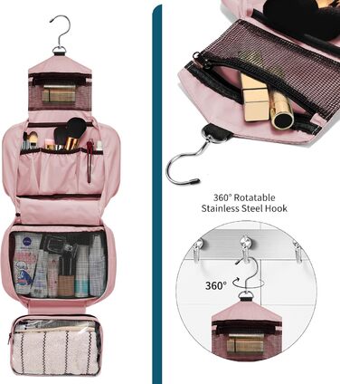 Розкладний органайзер для туалетних аксесуарів у подорожах для чоловіків та жінок, велика місткість, 4 відділення, рожевий колір
