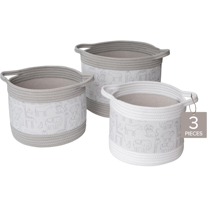 Decorative storage baskets with safari animal prints, set of 3 round fabric rope and linen organizers for children's rooms or playrooms, various sizes with easy-to-carry handles (Modern)