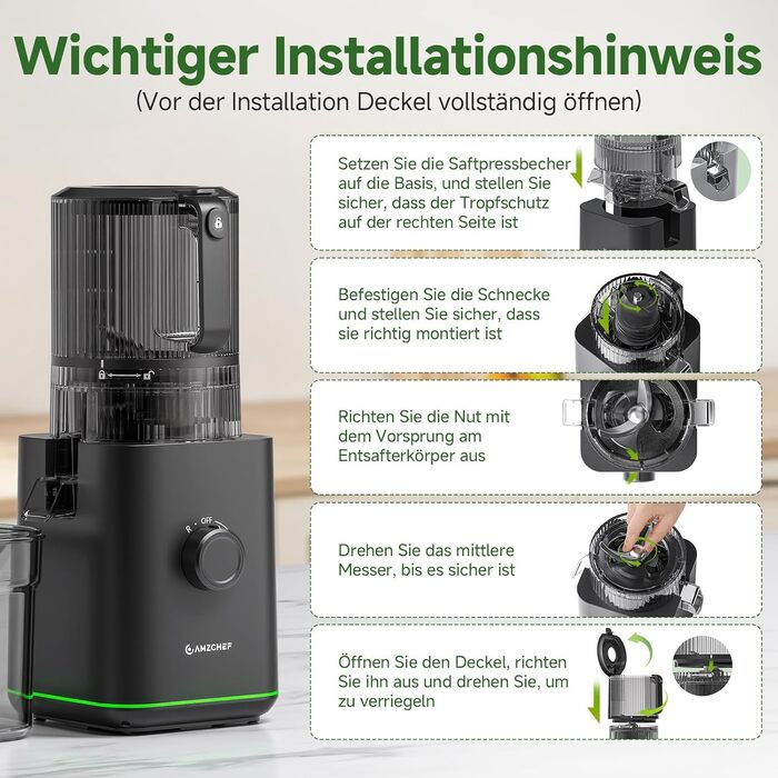 Центрифужна соковижималка AMZCHEF 600W з широким завантажувальним отвором 155 мм для цілих овочів та фруктів, чорна