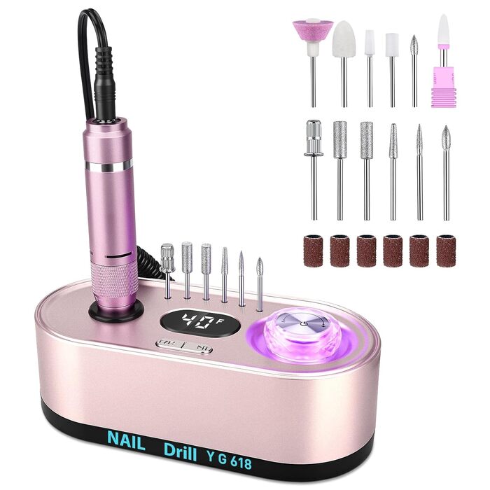 Електрична шліфувальна машинка для нігтів, професійна, 40000 об/хв, LCD, манікюр/педикюр, набір з багатофункціональною базою, рожевий