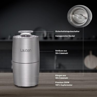 Електрична кавомолка Lauben Grinder 200ST: нержавіюча сталь, 200 Вт, для кави та спецій, з функцією ударного подрібнення, об'єм 50 г