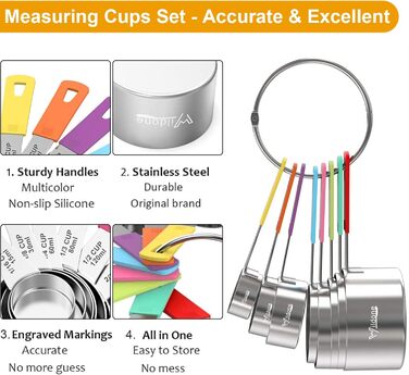 Wildone Measuring Cups & Spoons Set, 18-Piece, Stainless Steel, Stackable, 8 Measuring Cups and 9 Measuring Spoons, 1 Leveler, Ideal for Dry and Liquid Ingredients (Black)