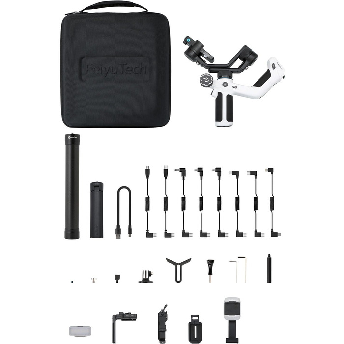 Feiyu SCORP Mini 2 Kit - Стабілізатор для бездзеркальних камер/Action-камер/iPhone/Samsung, Ручний 3-осьовий гiмбал з сумкою, світлом для селфі та подовжувачем. Чорний та білий кольори