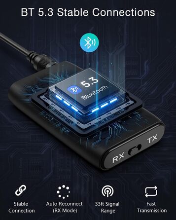 ORIA Bluetooth 5.3 Аудіоадаптер 2-в-1 з AUX, для навушників, колонок, ноутбуків, чорний