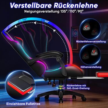 Геймерське крісло Czlolo RGB LED з підставкою для ніг, ергономічне офісне крісло для комп'ютера, блакитне (RGB-червоне)
