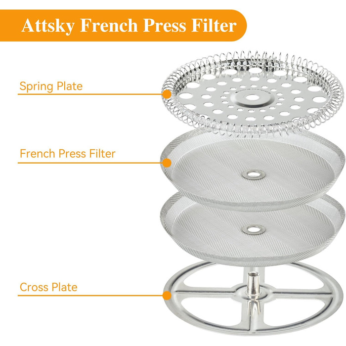 8-Piece Stainless Steel Replacement Parts Set for French Presses, 6 Pieces, 10.2 cm, Universal Filter with Spiral and Cross Disc, for 963g / 9.75 inch wide Coffee Press