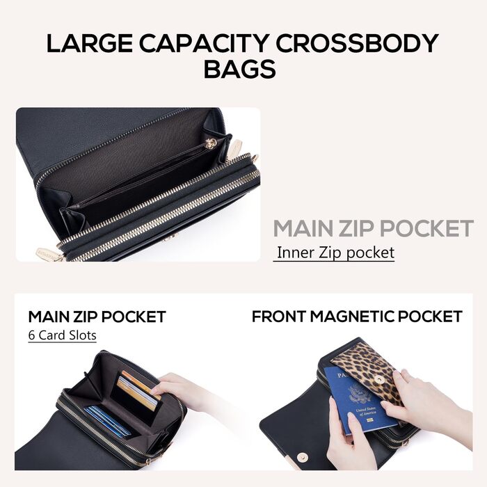 Сумка Roulens Klein через плече для жінок, екошкіра, чорно-леопардовий принт. Невелика крос-боді сумка для телефону, документів та карт. Регульований ремінець.