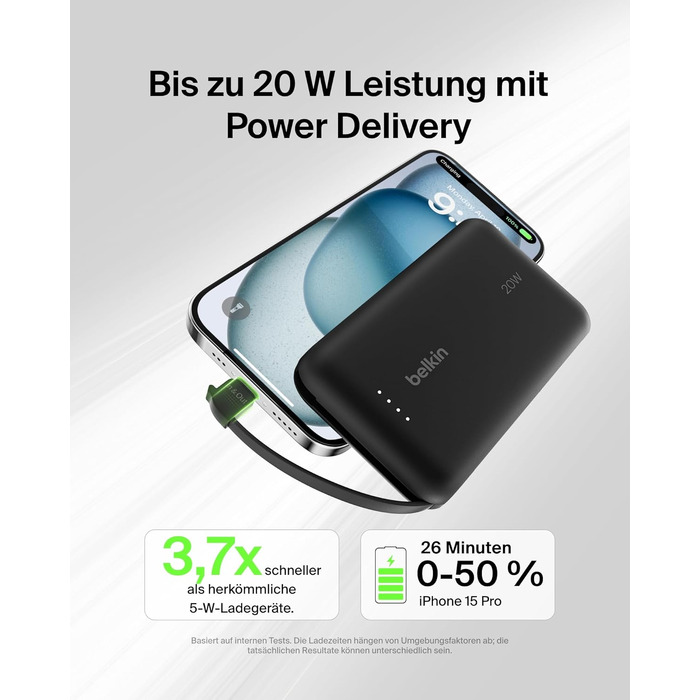 Повербанк Belkin BoostCharge 10000mAh 20W з вбудованим кабелем USB-C, LED-індикатором, чорний