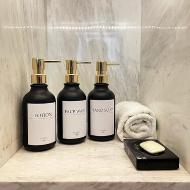 Набір дозаторів для мила та шампуню на стіну, 500 мл, 3 шт., без свердління, янтарний колір (чорна пляшка + золотий насос)