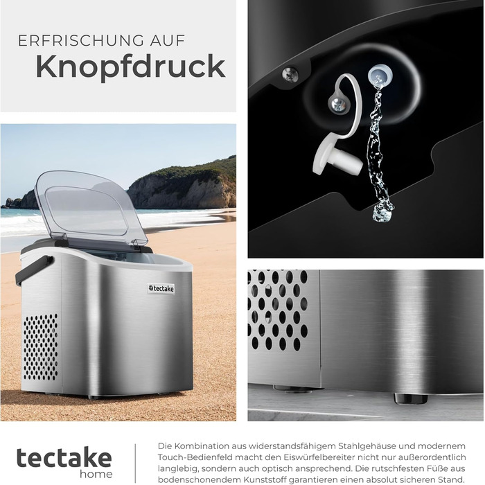 Машина для приготування льоду tectake® - приготування 9 кубиків за 6 хвилин, 12 кг за 24 години, об'єм 1,2 л, 2 розміри кубиків, самоочищення, з лопаткою для льоду, срібна