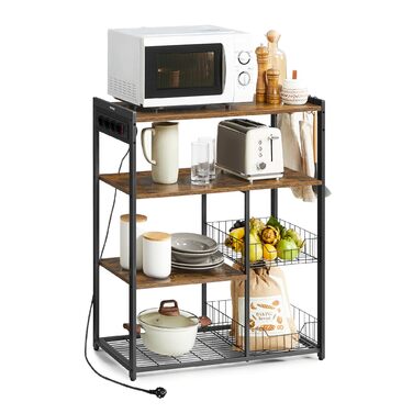 Стелаж кухонний VASAGLE з розетками, підлоговий з 2 металевими кошиками, стелаж пекаря з гачками, полиці, 35 x 80 x 93,5 см, індустріальний дизайн, вінтажний коричневий + чорний, KKS196K01