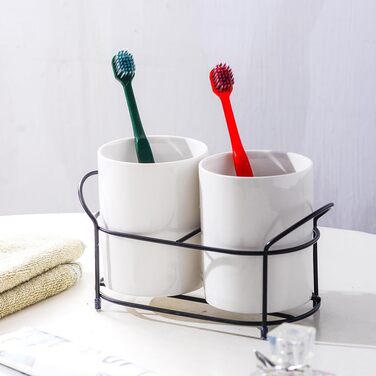 Ceramic toothbrush holder with black frame (white), 2 pieces