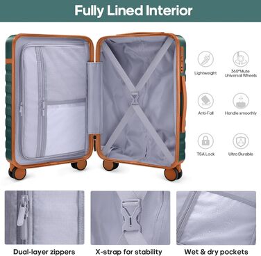 Набір валіз UKEIN 3 шт. з PC корпусом, міцний дорожній набір, ручна поклажа з TSA замком, 4 спіннер колеса, рюкзак та косметичка (3 шт.) (Темно-зелений)