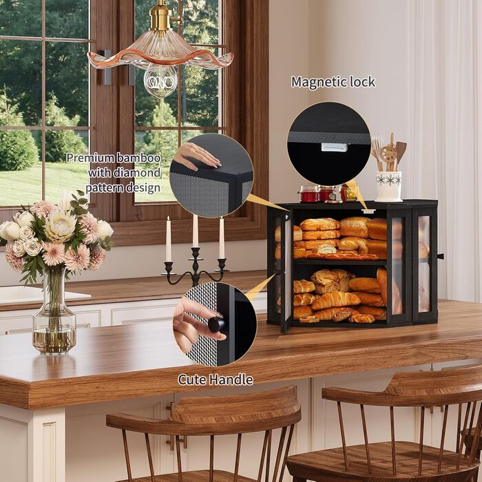 Бамбукова коробка для хліба на кухонну стільницю, контейнер для домашнього хліба, двоярусний, великий бамбуковий кухонний контейнер з вікном (Білий, середній) (Чорний, середній)