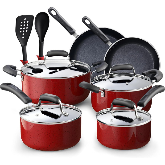 Набір кухонного посуду Cook N Home 2601 з антипригарним покриттям, мармур, алюміній, червоний (Marble Red)