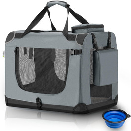 Juskys Collapsible Dog Carrier Box with Blanket, Bag & Handles - Portable Dog Travel Box for Dogs, Cats & Pets - Oxford Fabric Dog Crate, Car Pet Carrier - Grey (70x50x52 cm)