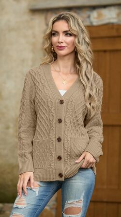 Жіночий в'язаний кардиган GRECERELLE з V-подібним вирізом та ґудзиками, класичний стиль, осінь-зима, бежевий колір