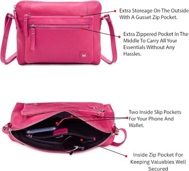 Сумка через плече Wise Owl Nappa Hot Pink: шкіряна сумка для жінок та чоловіків, кросбоді, 5 відділень на блискавці