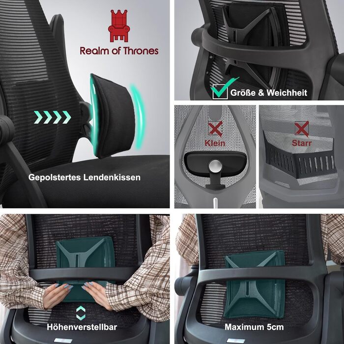 Офісний стіл Realm of Thrones CAPTAIN: ергономічний крісло з міцною сталевою основою, регульованою поперековою підтримкою та дихаючою спинкою (чорний)