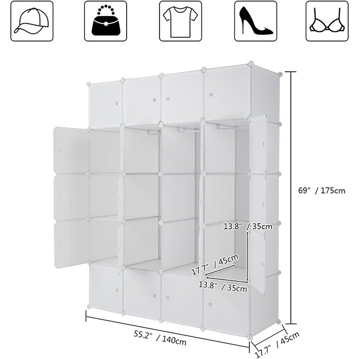 Regal system, 10 dice, plastic wardrobe with doors, modular cabinet for space-saving storage, 70 x 45 x 175 cm, white door & black cabinet. Storage for clothing, shoes etc. (140 x 45 x 175 cm, White-2)