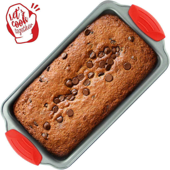 Loaf Pan - Premium Non-Stick Loaf Pan Made of Steel by Boxiki Kitchen | Professional Non-Stick Baking Pan for Baking Banana Bread, Meatloaf, and Pound Cake | 21.5 x 11.5 cm, with Red Silicone Grips
