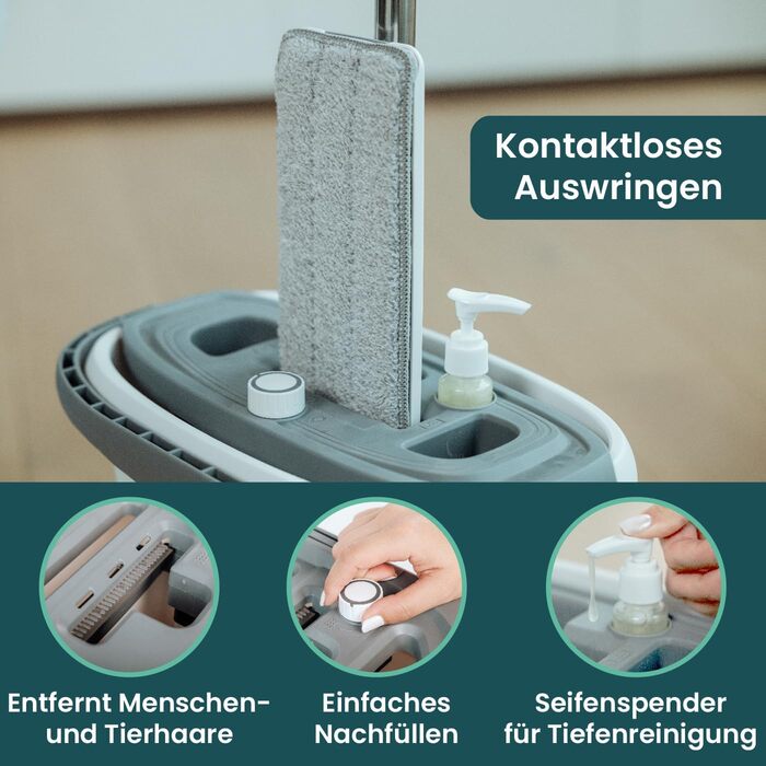 Набір для прибирання підлоги WONDERHOME TripleClean Hydro: відро з 3 камерами, розділення чистої і брудної води, моп із віджимом, класична модель з подовженою 140 см ручкою