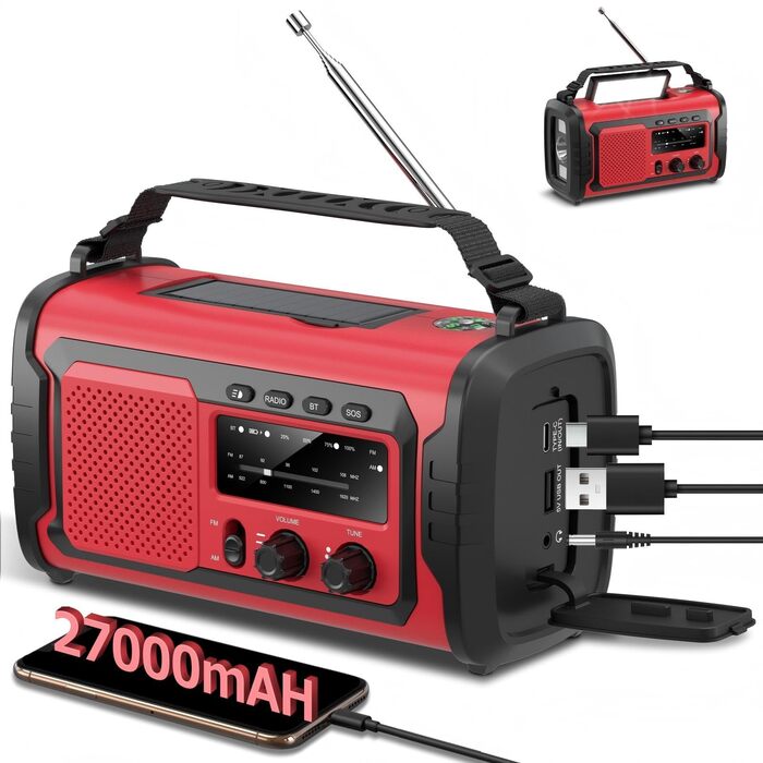 Радіо на сонячній батареї та ручному заводі Kurbelradio 27000mAh з SOS, Bluetooth, Powerbank та ліхтариком для кемпінгу та активного відпочинку (Червоний)