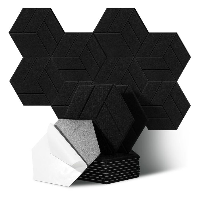 Акустичні гексагональні панелі з шумопоглинаючого поролону, самоклеючі шестикутні панелі для звукоізоляції студії, офісу та ігрової кімнати, 30x26x0.9 см, чорні (12 шт)