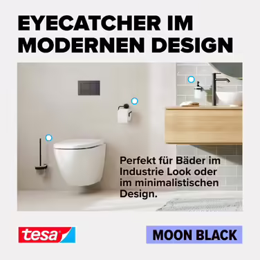 Стакан для зубних щіток tesa Moon Black з матового скла з тримачем, чорний матовий, для ванної у стилі лофт та модерн, без свердління, клейке кріплення, 70x96x109 мм