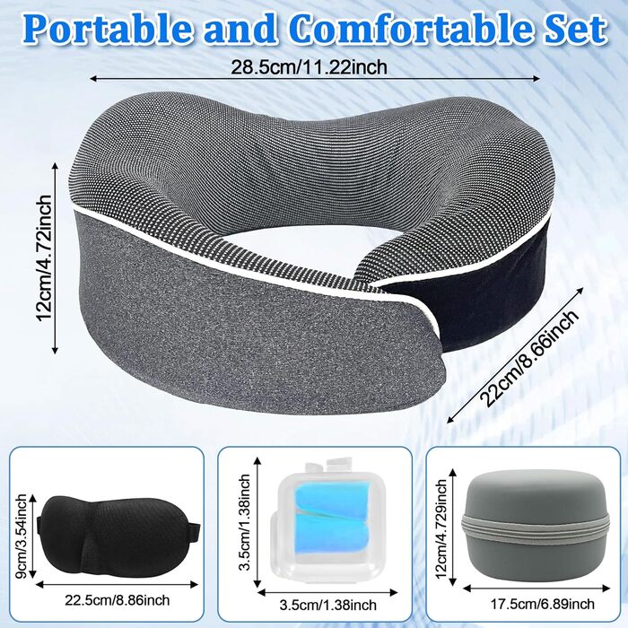 Подушка для шиї у літак, 360° - ергономічна подушка для подорожей з memory foam, набір для дорослих (з коробкою, маскою для очей та навушниками) чорного кольору