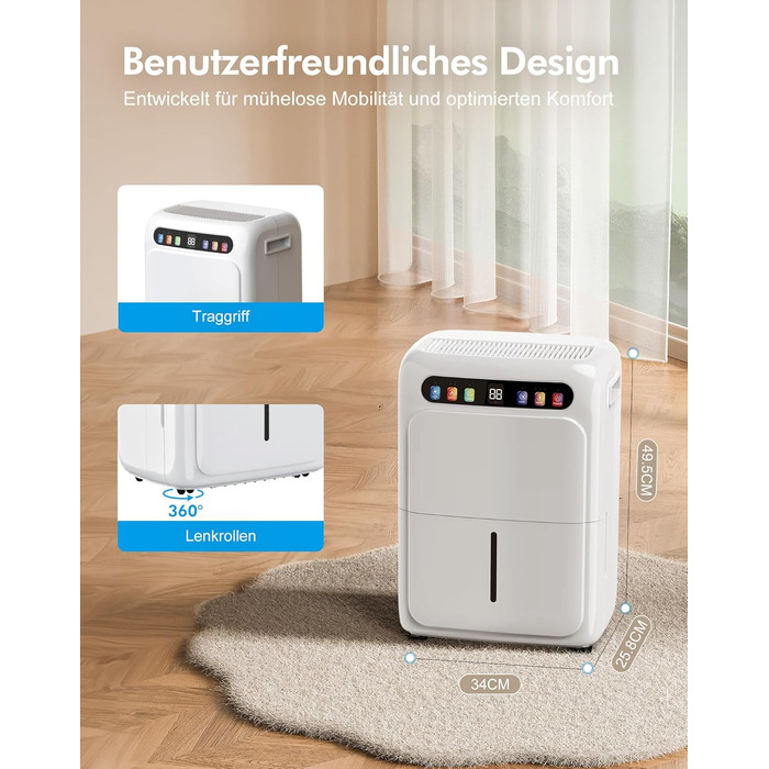 Електричний осушувач повітря з функцією сушіння білизни, тихий, з автоматичним контролем вологості, таймером, шланг 1м, для квартири до 120 м³, гарантія 10 років (20л)