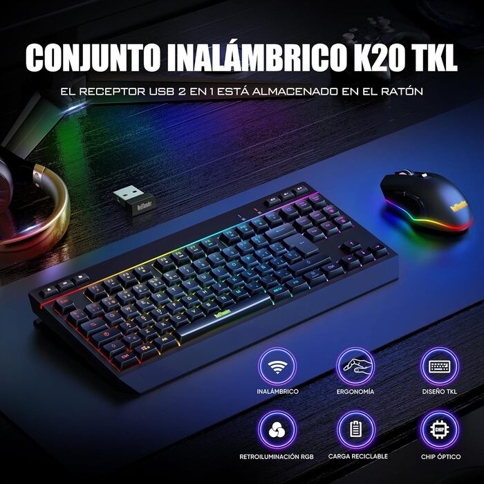 RedThunder K20 TKL Бездротова ігрова клавіатура, RGB-підсвічування, акумулятор, QWERTY ES-клавіатура, 6 мультимедійних клавіш, USB для PC/Mac