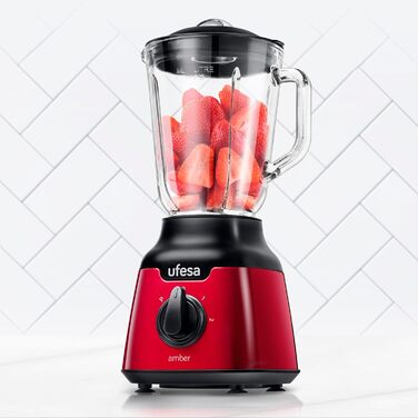 Ufesa Stand Mixer BS4100 Amber Red, 0.8L Glass Jar, Pulse/Ice Crush Function, 2 Speeds + Pulse, 4 Stainless Steel Blades, 900W, Airtight Seal, BPA-Free, Red Inox, Amazon Exclusive 900W 0.8L